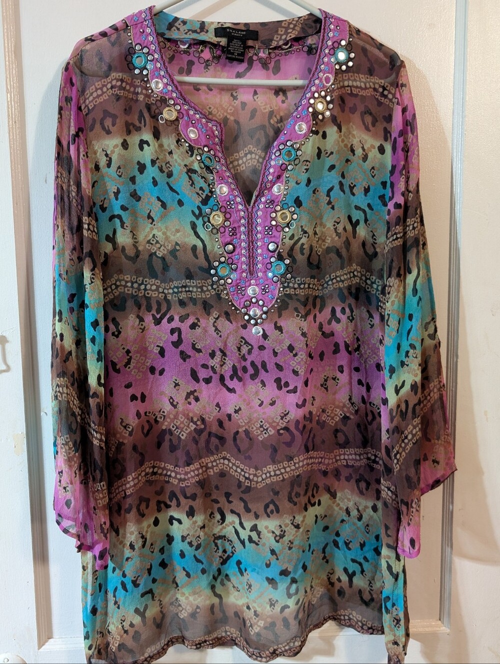 SilkLand Multicolor Embellished Sheer Tunic - Pink, Turquoise, Brown